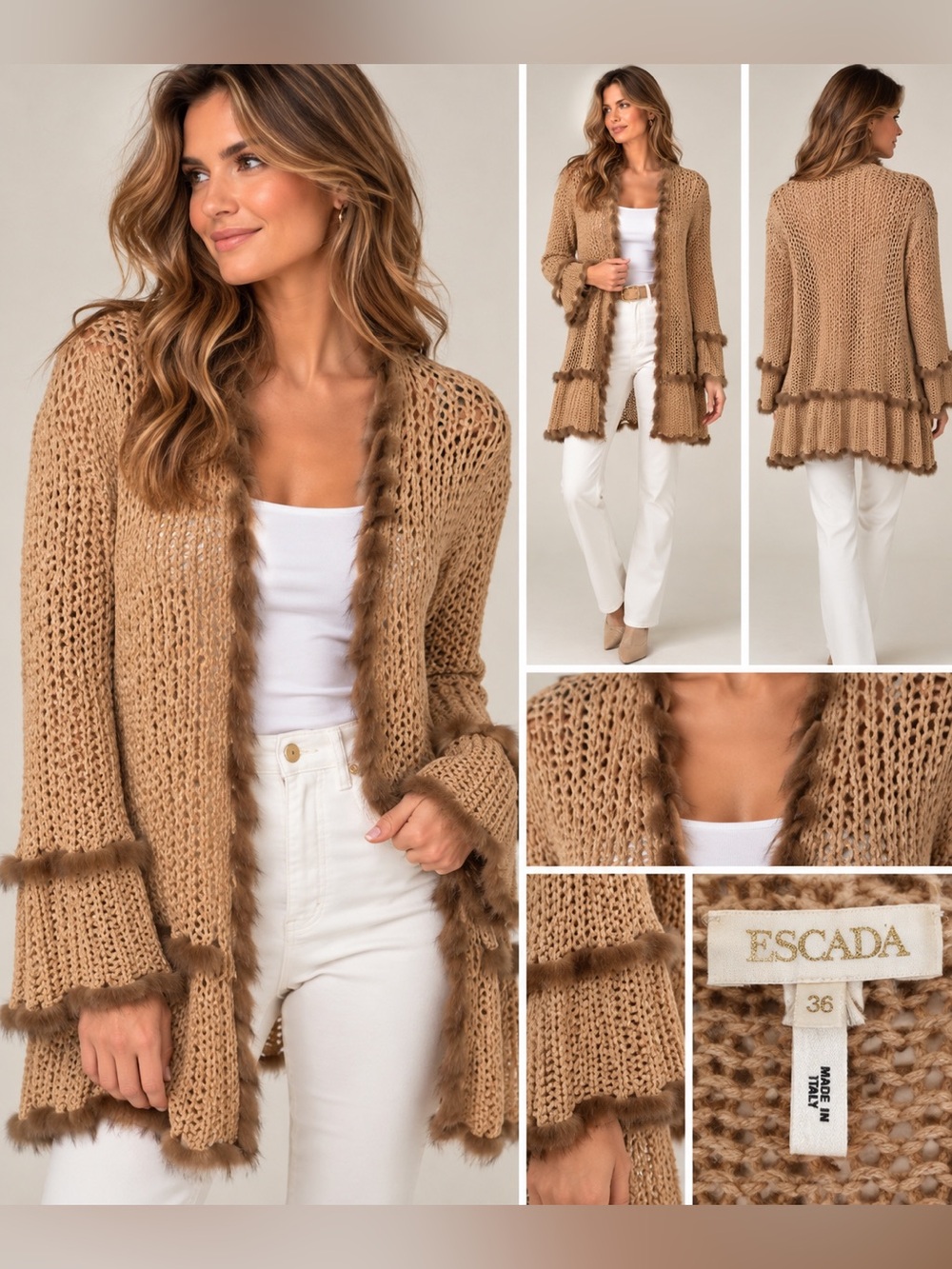 ESCADA Made in Italy Size 36 Beige Open Knit Fur Trim Cardigan